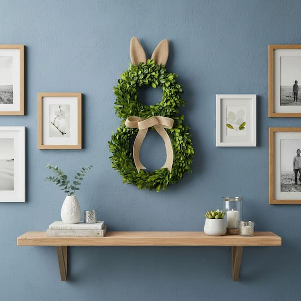 18 in. H Preserved Boxwood Bunny Shaped Wreath with Burlap Bow