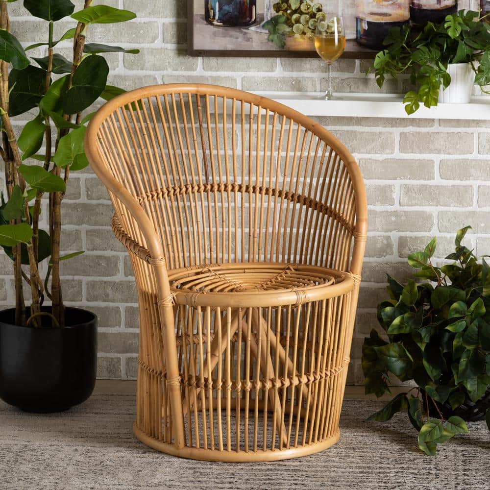 Narva 25" Brown Leather and Rattan Handcrafted Accent Chair
