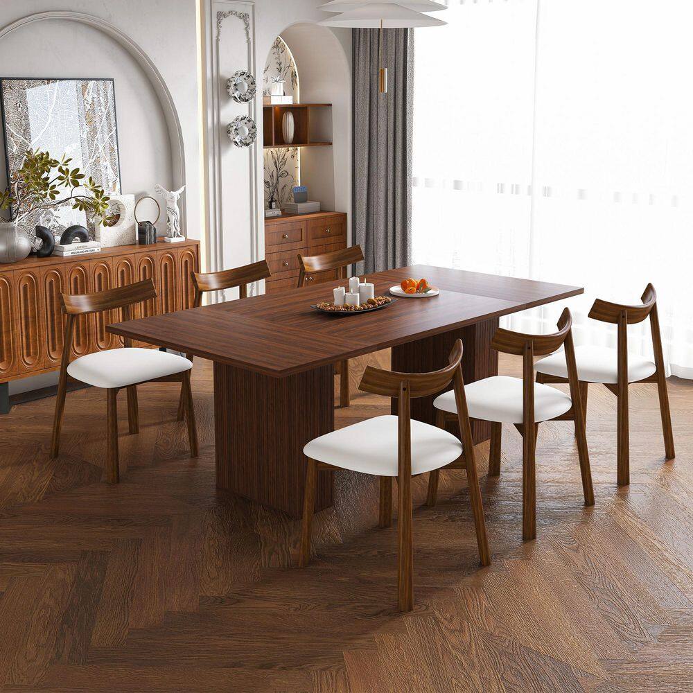 Florent Modern 7-Piece Walnut MDF Wood Top Dining Table Set with PU Upholstered Chairs, Storage Base, Seats 6