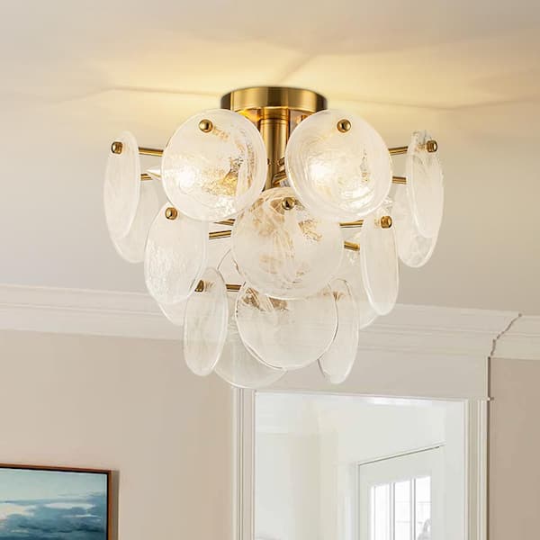 13.78 in. 4-Light Brass Modern Tiered Semi-Flush Mount With White Strie Glass Shade and No Bulbs Included