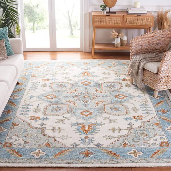 Metro Ivory/Blue 8 ft. x 10 ft. Border Medallion Geometric Area Rug