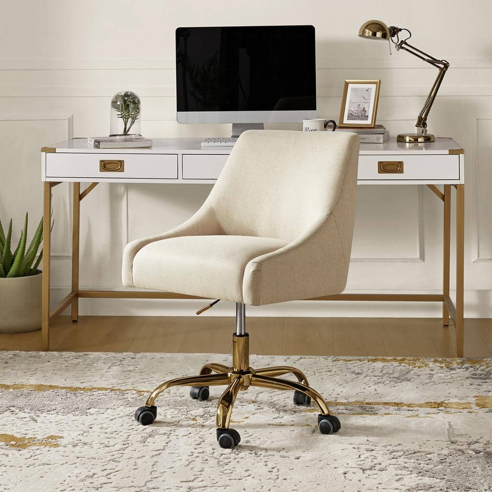 Tan Fabric Swivel Armless Task Chair with Metal Base
