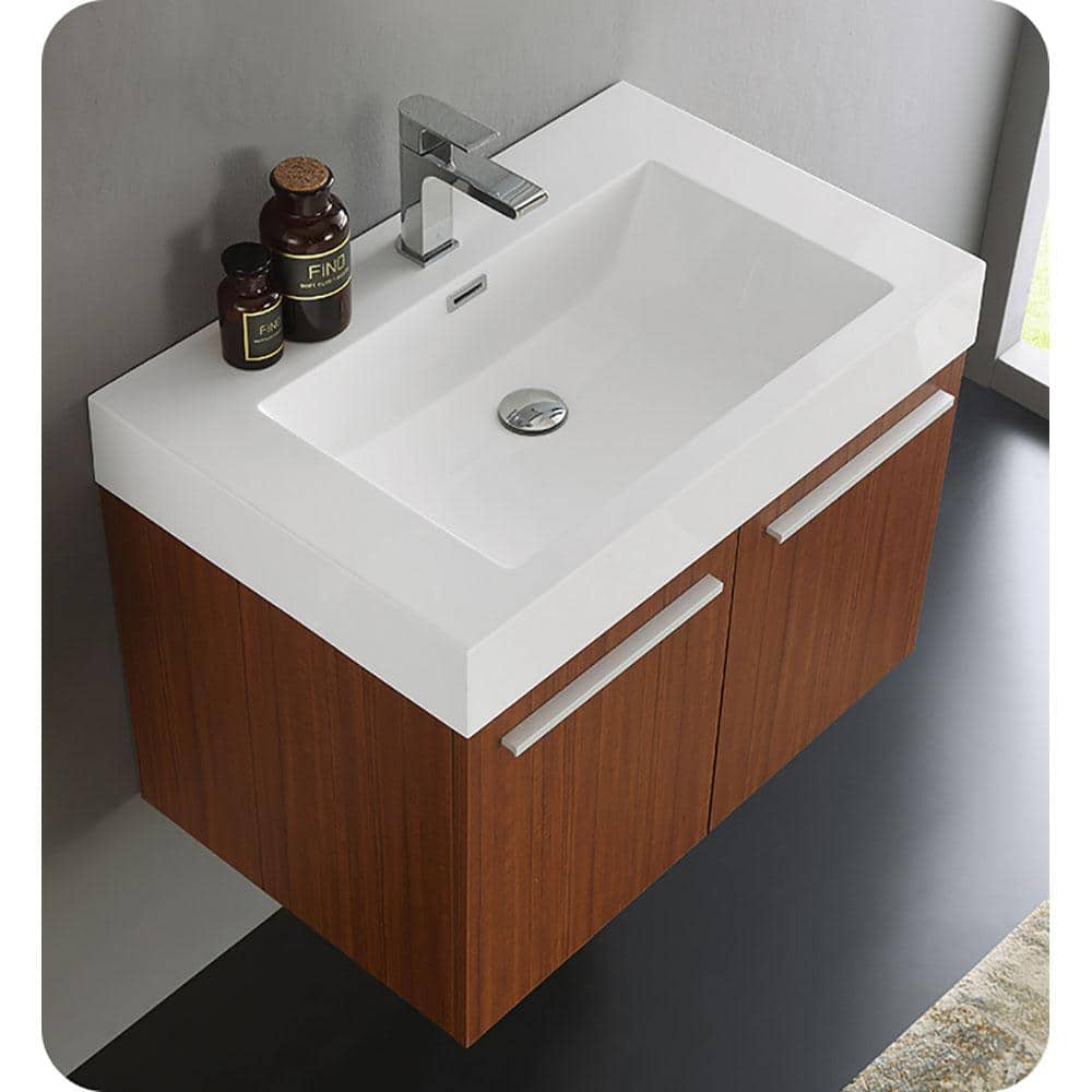 Teak Wall-Mounted Single Sink Vanity with Acrylic Top