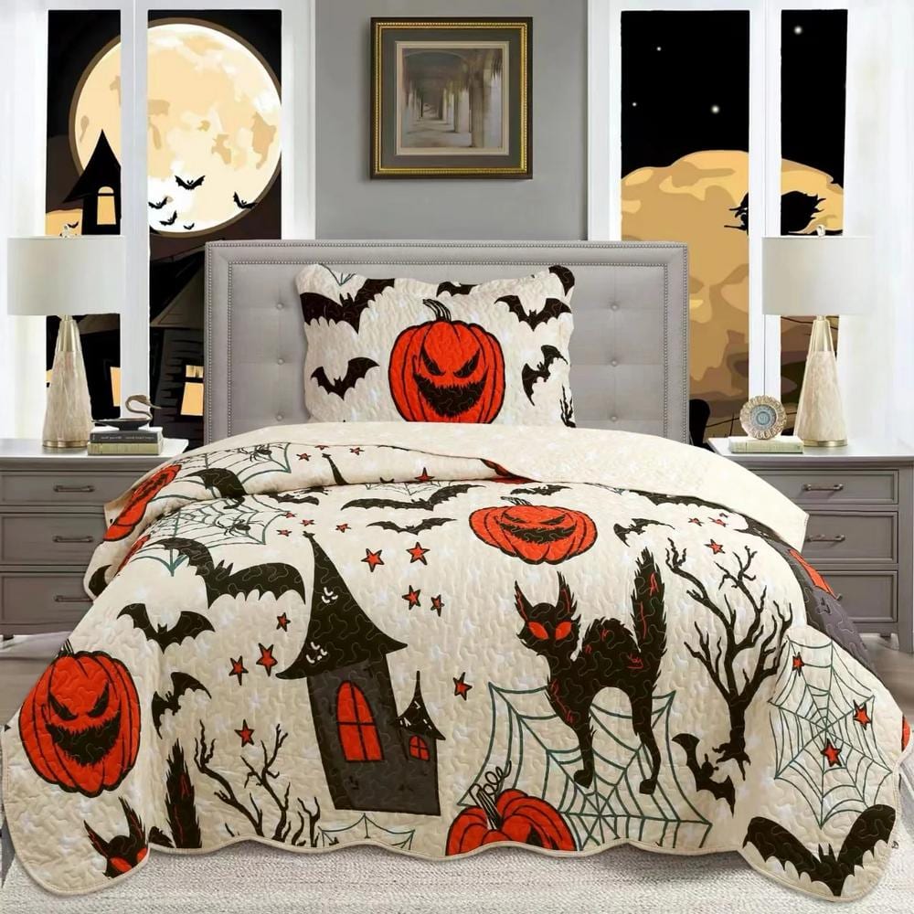 Twin Black and Orange Microfiber Reversible Kids Quilt Set