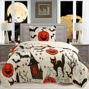 ME503 Halloween Beige Pumpkin Bat Black Cat Twin Size Polyester Quilt Bedspread Set