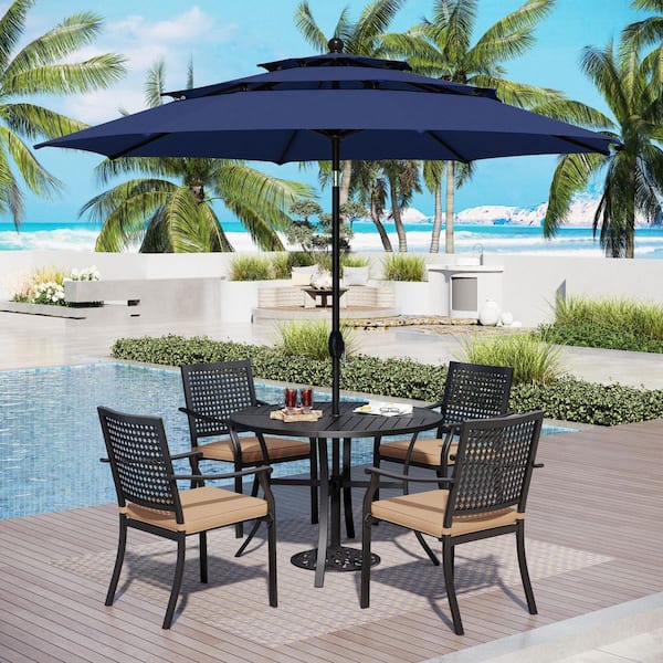 6-Piece Metal Patio Outdoor Dining Set with Umbrella and Metal Chairs with Beige Cushions