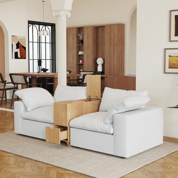 Magic Home Modern 90 in. Square Arm 3-Piece Microfiber Modular Sectional Sofa Cloud Couch w/Storage Console,Washable Cover in White