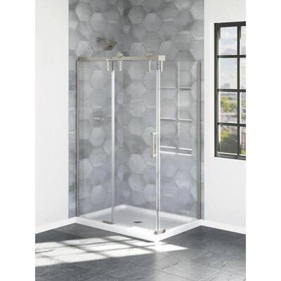 Industrial 48 in. L x 34 in. W Corner Shower Pan Base with Left Center Drain in High Gloss White