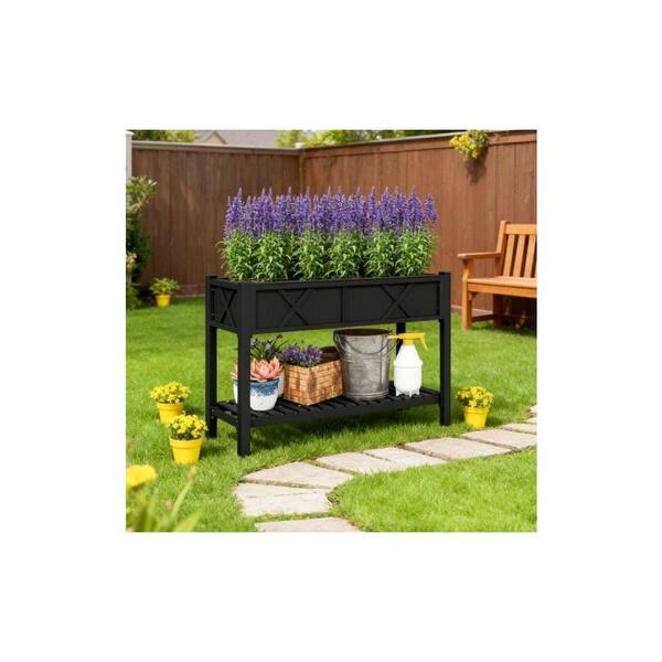 小物入れ Neighborhood garden bed Shelf Black 2-Tier Fir Wood Rectangular Raised Garden Bed with Storage