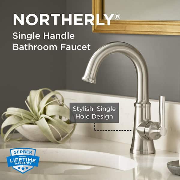 Northerly Single Handle Single Hole Bathroom Faucet with Deckplate and 50/50 Touch Down Drain Included in Brushed Nickel