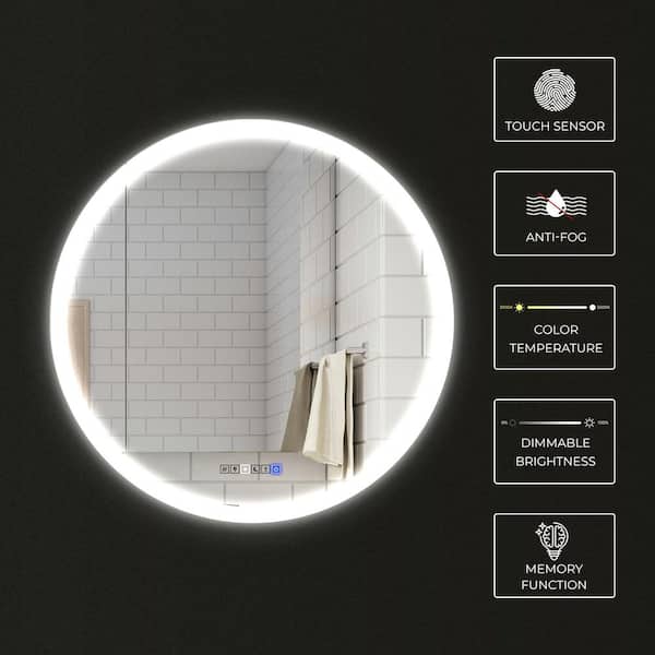 Fab Glass and Mirror Round Lighted LED Bathroom Mirror 28-in x 28-in  Dimmable Lighted Clear Round Frameless Bathroom Vanity Mirror at
