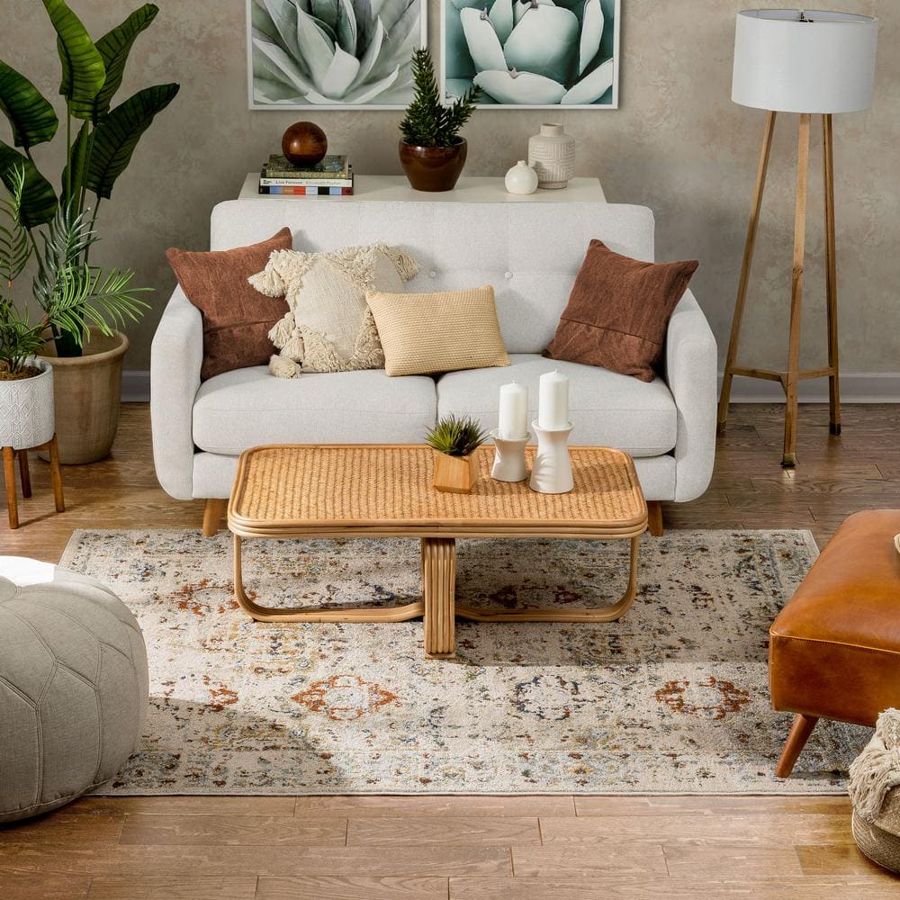 Cream and Red Distressed Vintage Rectangular Area Rug