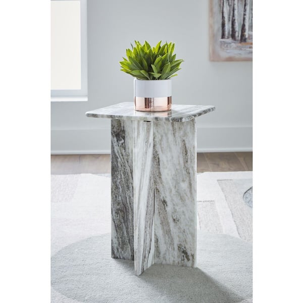 Keithwell 14 in. Gray Square Marble End Table with Pedestal Base
