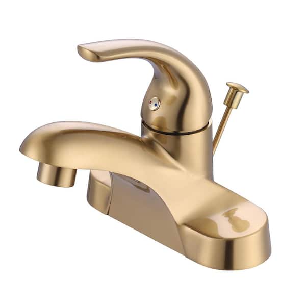 ALEASHA 4 in. Centerset Single-Handle Mid Arc Bathroom Faucet with Drain Kit Included in Gold