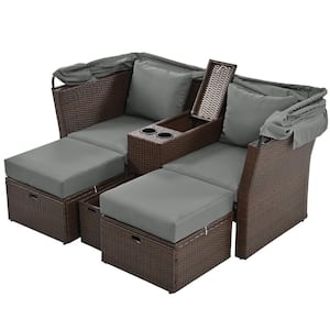 Brown 2-Seater Metal Outdoor Double Day Bed Loveseat Sofa Set with Gray Foldable Awning and Cushions
