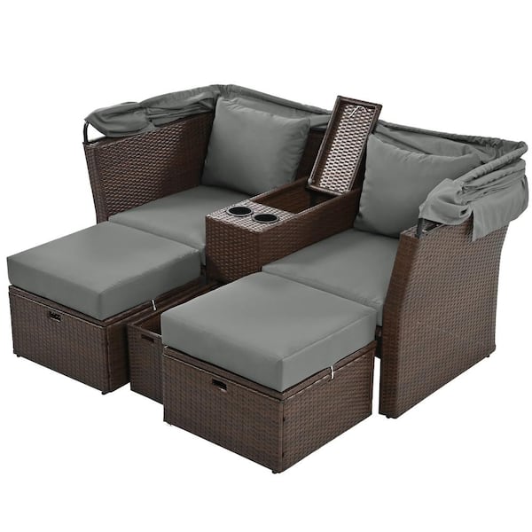 Unbranded Brown 2-Seater Metal Outdoor Double Day Bed Loveseat Sofa Set with Gray Foldable Awning and Cushions