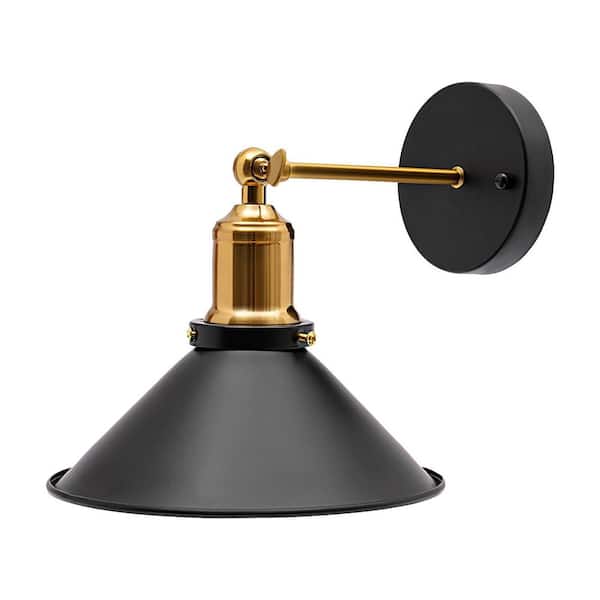 8.66 in. 1-Light Black Industrial Style Plug-In Wall Sconce with Metal Shade, No Bulbs Included