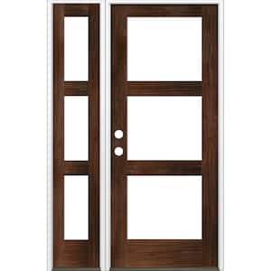 46 in. x 80 in. Modern Hemlock Right-Hand/Inswing 3-Lite Clear Glass Red Mahogany Stain Wood Prehung Front Door w/LSL