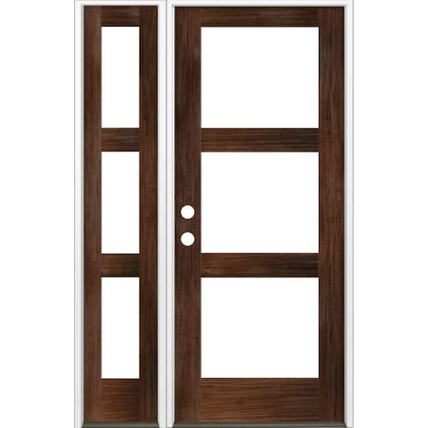 Krosswood Doors 46 in. x 80 in. Modern Hemlock Right-Hand/Inswing 3-Lite Clear Glass Red Mahogany Stain Wood Prehung Front Door w/LSL