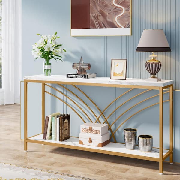 BYBLIGHT Turrella 71 in. Gold Rectangle Engineered Wood Console Table, Extra Long Sofa Table Faux Marble Entryway Accent Table