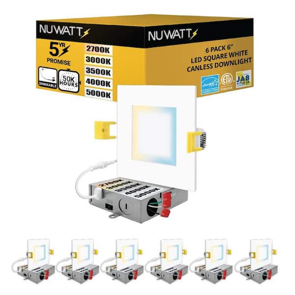 NuWatt 6 in. White Square Slim Canless Integrated LED Recessed Light Kit 5 Color Selectable 2700K to 5000K Dimmable (6-Pack)