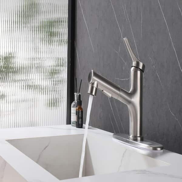 Single Handle Single Hole Pull Out Bathroom Faucet with Deckplate Included in Brushed Nickel