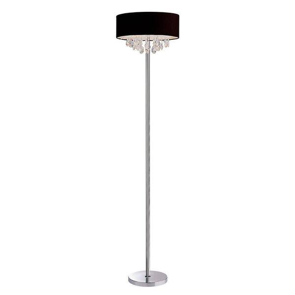 Elegant Designs Romazzino Crystal Collection 61.5 in. Chrome Floor Lamp with Black Ruched Fabric Drum Shade