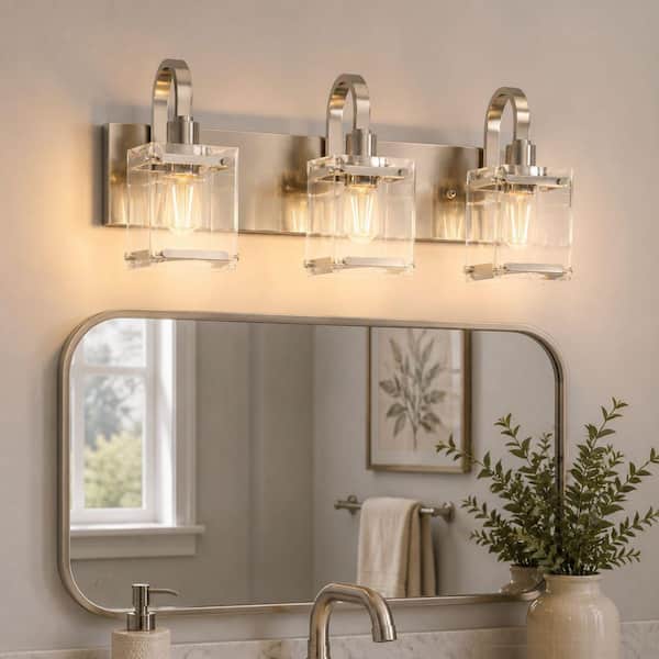 24 in. 3-Light Modern Brushed Nickel Rectangle Vanity Light Bathroom Fixture with Glass Shade for Mirror or Dressing