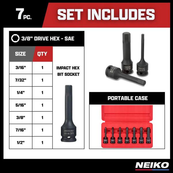 NEIKO 3/8 in. Drive Allen Socket Set, 7-Piece, 3 in. Length, SAE