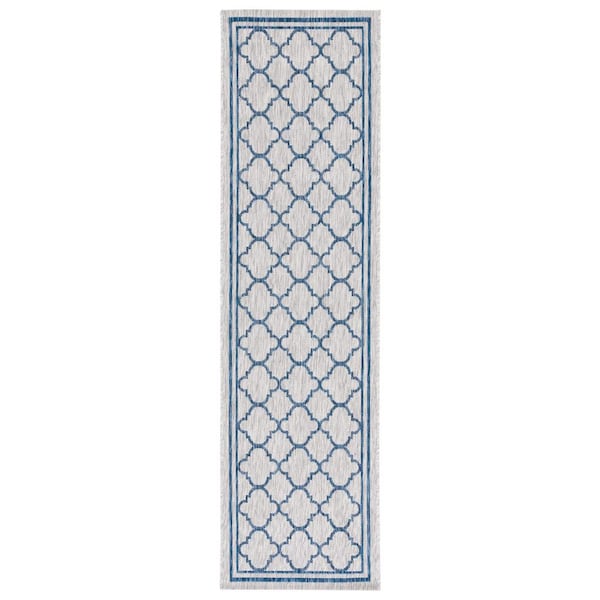 SAFAVIEH Courtyard Gray/Navy 2 ft. x 8 ft. Border Quatrefoil Indoor/Outdoor Runner Rug