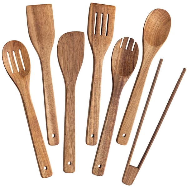 7-Piece Wooden Cooking Utensils Set with Spatulas, Spoons, Ladle, Tongs, and Fork, Nonstick and Durable, Brown