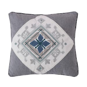Tania Grey, Teal, Navy, and White Embroidered Medallion 18 in. x 18 in. Throw Pillow