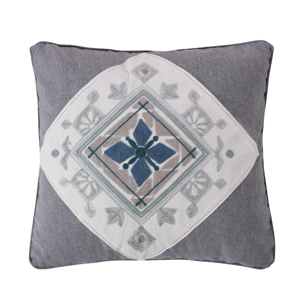 LEVTEX HOME Tania Grey, Teal, Navy, and White Embroidered Medallion 18 in. x 18 in. Throw Pillow