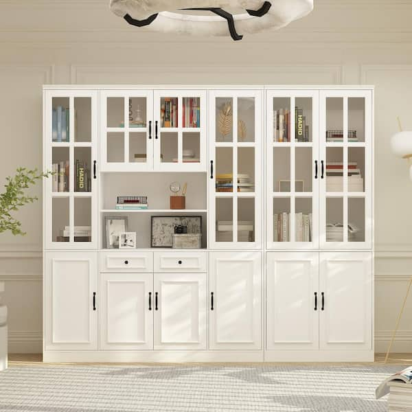 White MDF 94.5 in. Wide Sideboard, Food pantry & Wine Cabinet with 19-Tier Shelves & Tempered Glass Doors & 2 Drawers