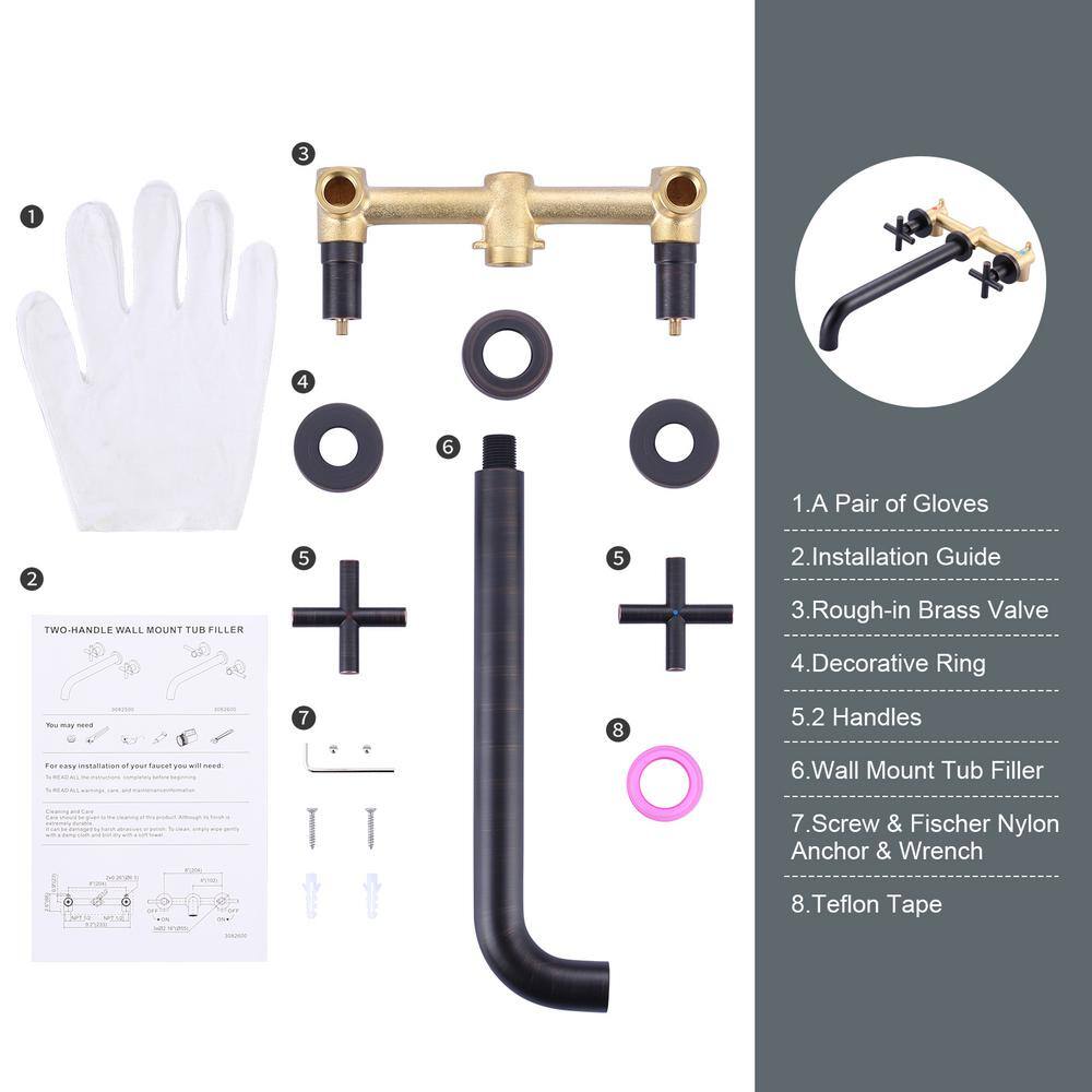 Oil Rubbed Bronze Wall Mount Tub Filler with Cross Handles
