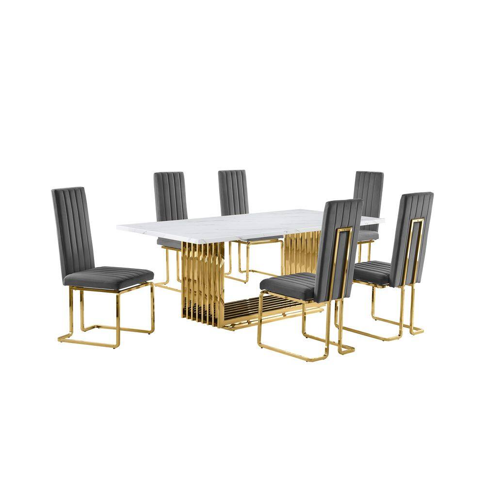 Lisa 7-Piece Rectangle White Marble Top Gold Stainless Steel Dining Set With 6-Dark Grey Velvet Gold Chrome Iron Chairs price history on PriceWatchPro