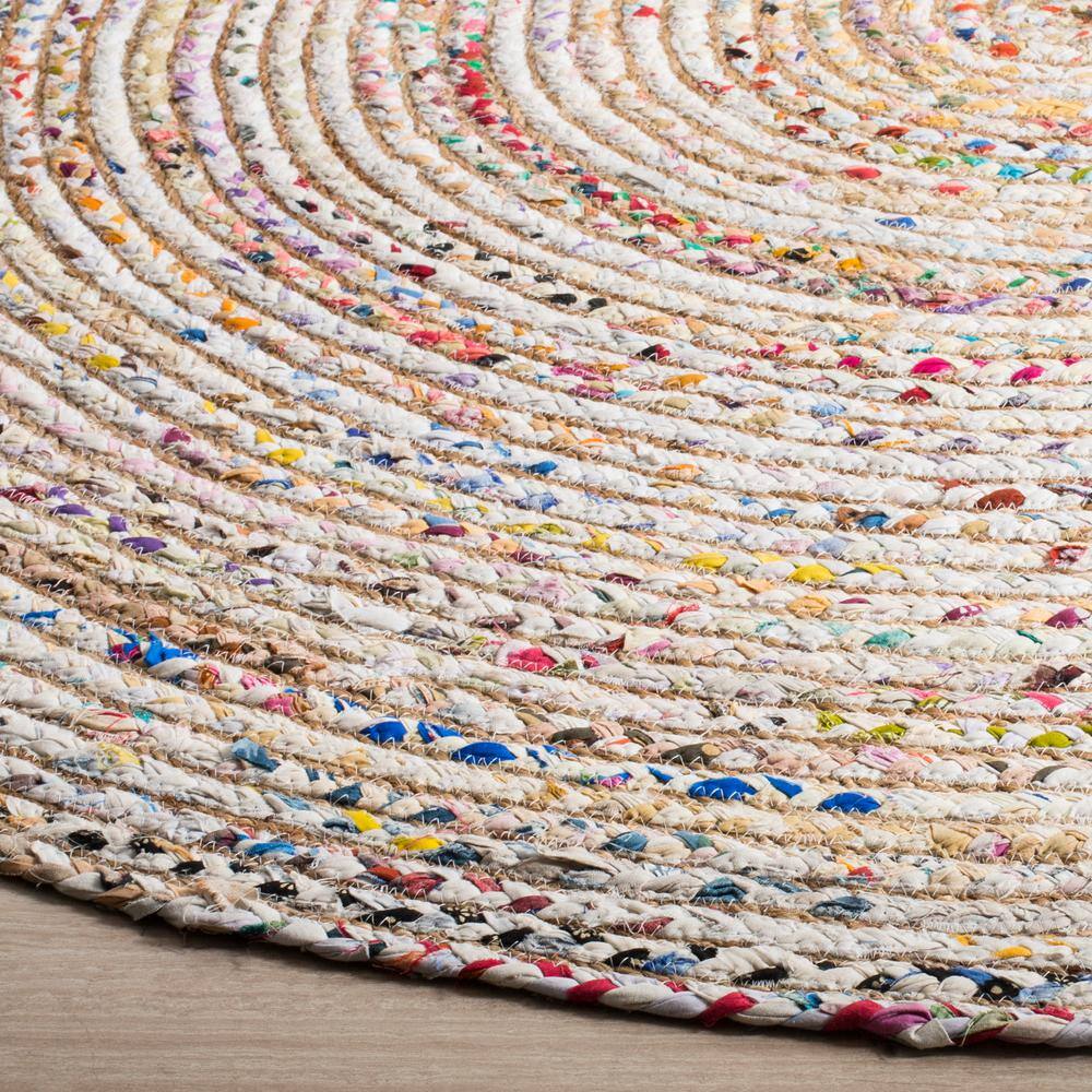 Beige and Multicolor Round Hand-Knotted Wool and Cotton Rug