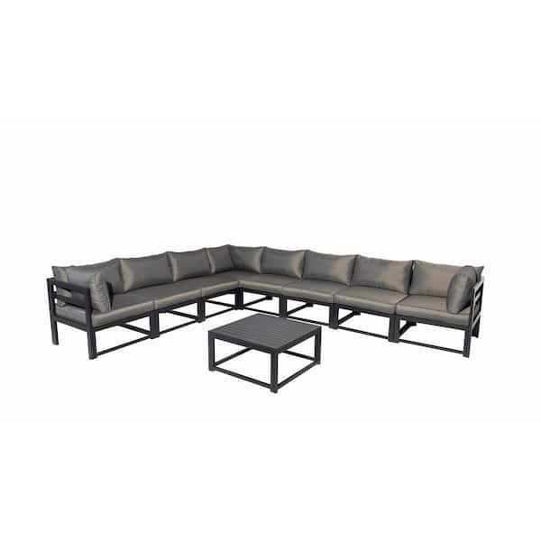 PATIOPTION Outdoor Furniture Set, 9 Pieces Aluminum Sectional Sofa Set with Gray Cushion and Coffee Table - 3 Cornerplus 5 Middle
