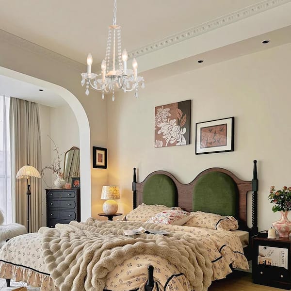 4-Light White Traditional Candle Style Crystal Chandelier for Dining Room Living Room with No Bulbs Included