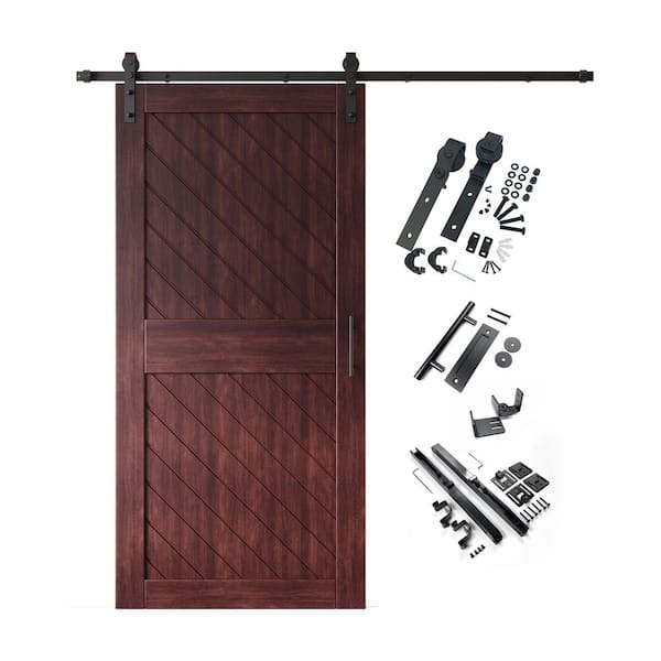 HOMACER XT2 32 in. x 84 in. C-Panel Red Mahogany Slanted Stripe Design Solid Pine Wood Sliding Barn Door with Hardware Kit