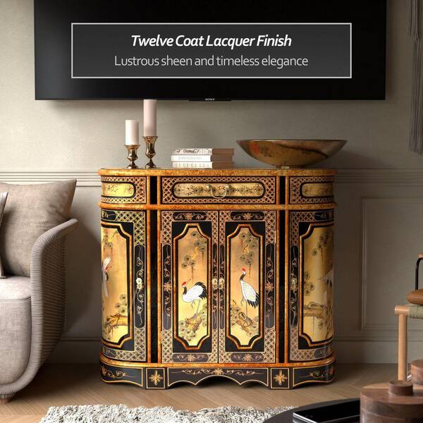 Red Lantern Gold Lacquer Cranes Accent Cabinet L3-MF-8353G - The