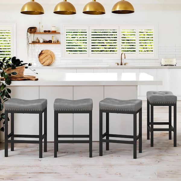 LUE BONA 24 in. Dark Grey Cushioned Backless Faux Leather Saddle Bar stools with Black Metal Frame (Set of 4)