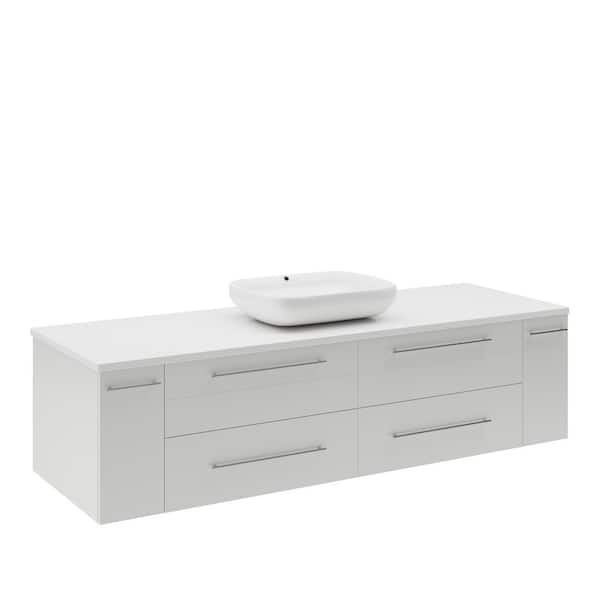 Fresca Lucera 60 in. Single Sink Wall Mount Floating White Bath Vanity with White Quartz Top and Vessel Ceramic Sink