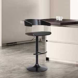 Larisa Adjustable 33 in. Black/Black and Golden Bronze Metal/Wood Bar Stool with Black Faux Leather Seat