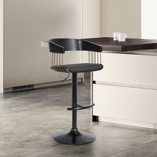 Armen Living Larisa Adjustable 33 in. Black/Black and Golden Bronze Metal/Wood Bar Stool with Black Faux Leather Seat