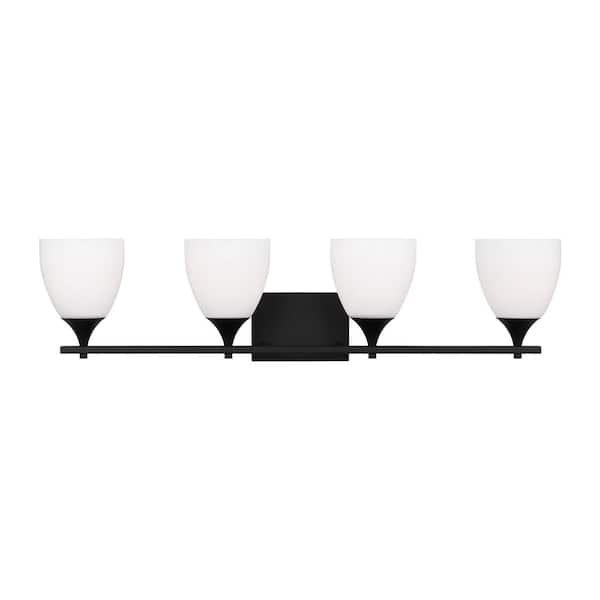 SCOTT LIVING Toffino 36 in. W x 8.875 in. H 4-Light Midnight Black Bathroom Vanity Light with Milk Glass Shades