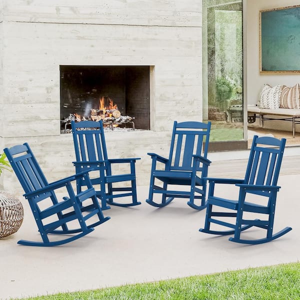 OrangeOne Navy Blue Recycled Plastic HDPS Porch Patio Adirondack Outdoor Rocking Chair Porch Rocker Patio Rocking Chair (Set of 4)