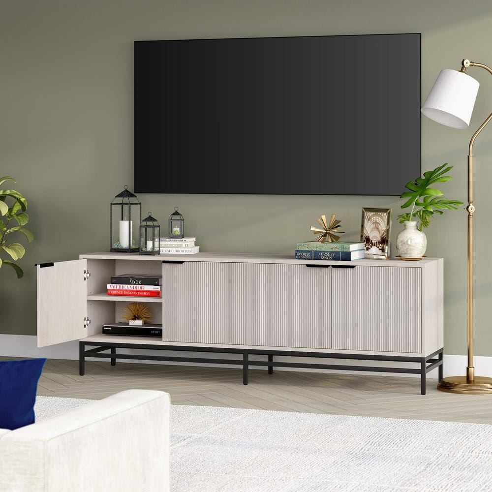 Alder White 70" Modern TV Stand with Fluted Cabinet Doors
