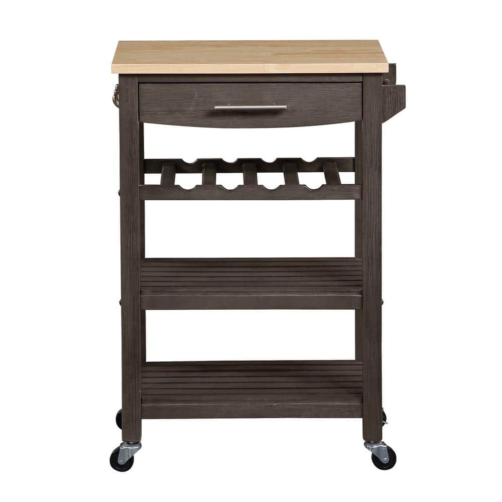 Gray Rubberwood Butcher Block Kitchen Cart with Wine Rack