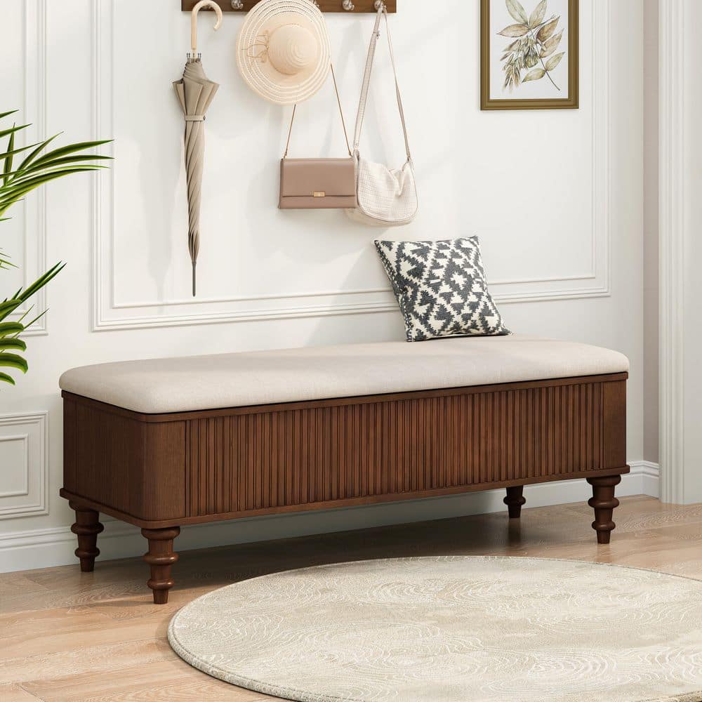 51 in. Walnut Entryway Bedroom Bench with Storage, Solid Rubberwood Frame, Soft-Close Lid and Linen Seat